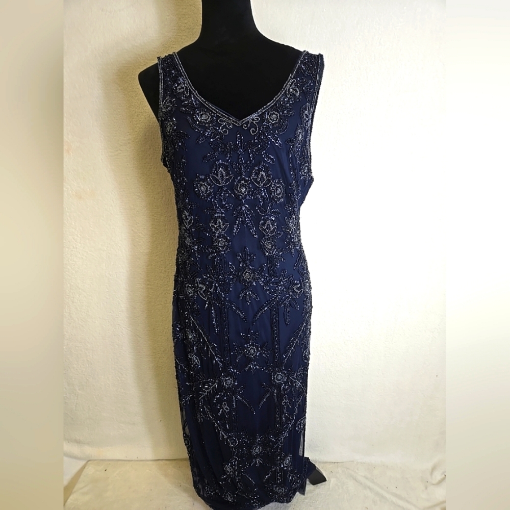 Pisarro Nights Dress Beaded Mesh Colum Gown Navy Blue Size 12